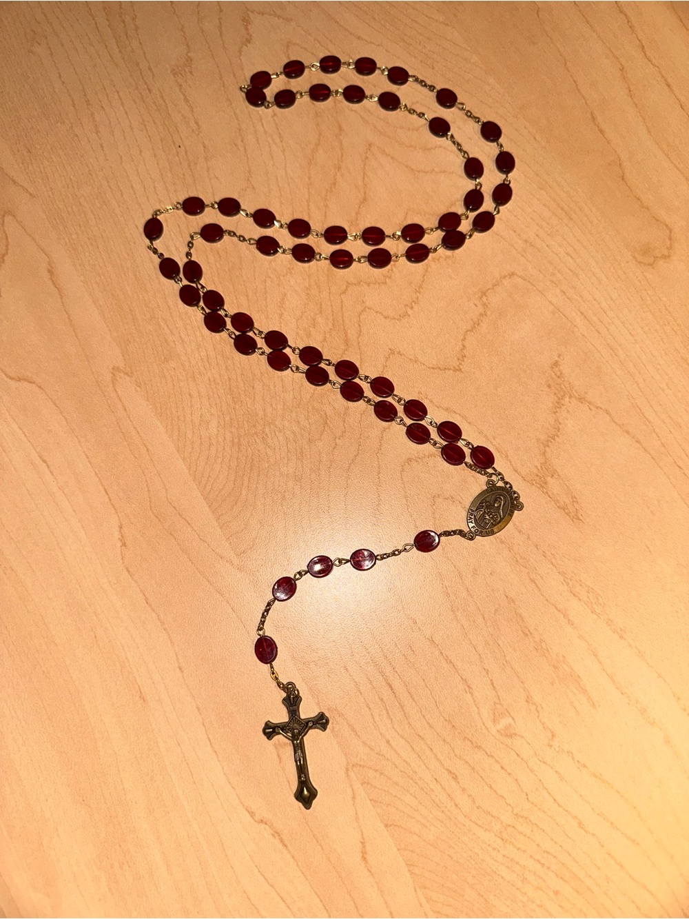 ⭐️ Vintage Rosary Necklace with Deep Red Flat Beads